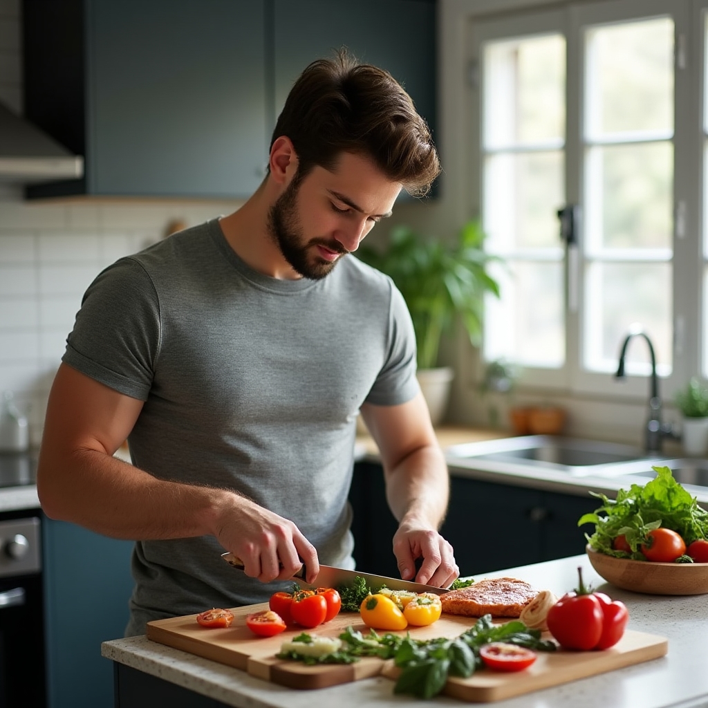 Man in his late twenties preparing a colorful healthy meal in a modern kitchen, focused and relaxed
