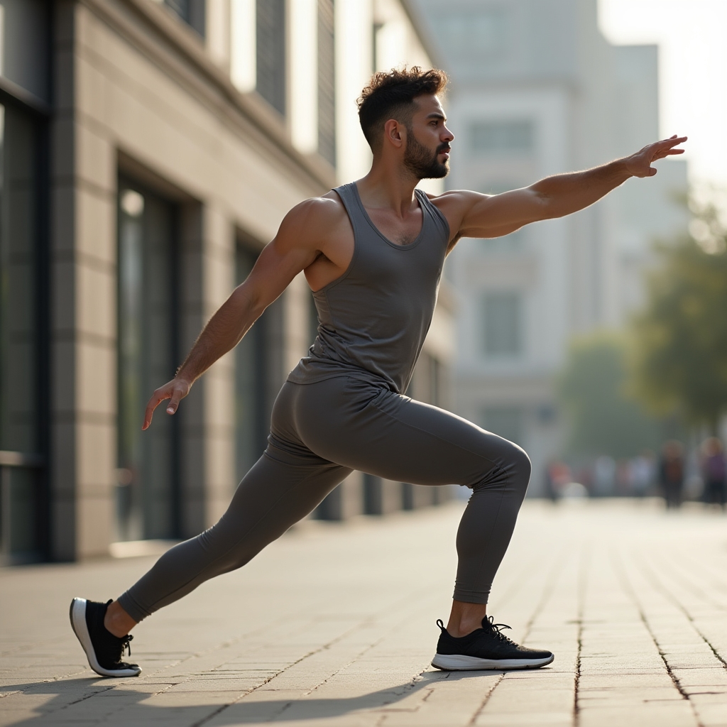 Active man in his late twenties outdoors in morning light, stretching before exercise in urban setting