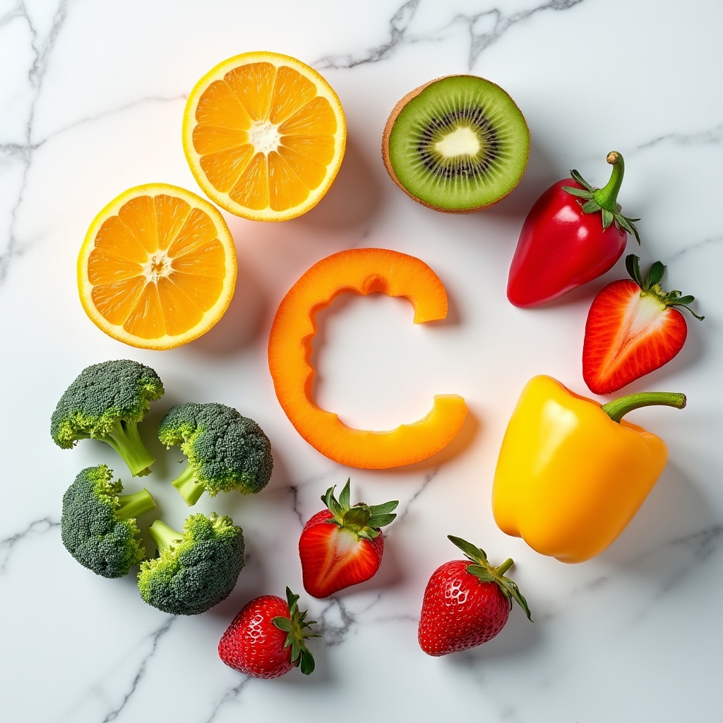 Fresh citrus fruits and bell peppers rich in vitamin C arranged on white surface