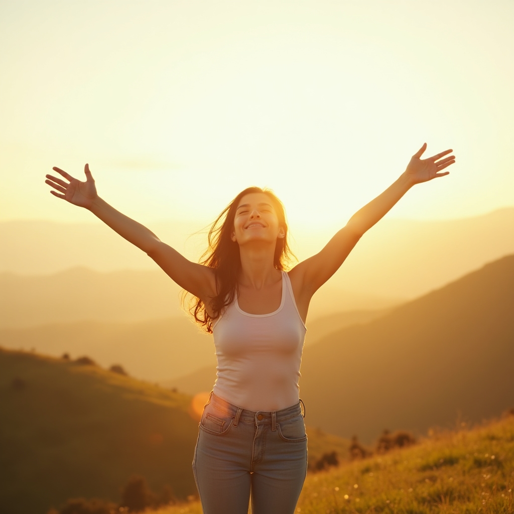 Young person with arms outstretched in natural sunlight on a hilltop, warm afternoon light