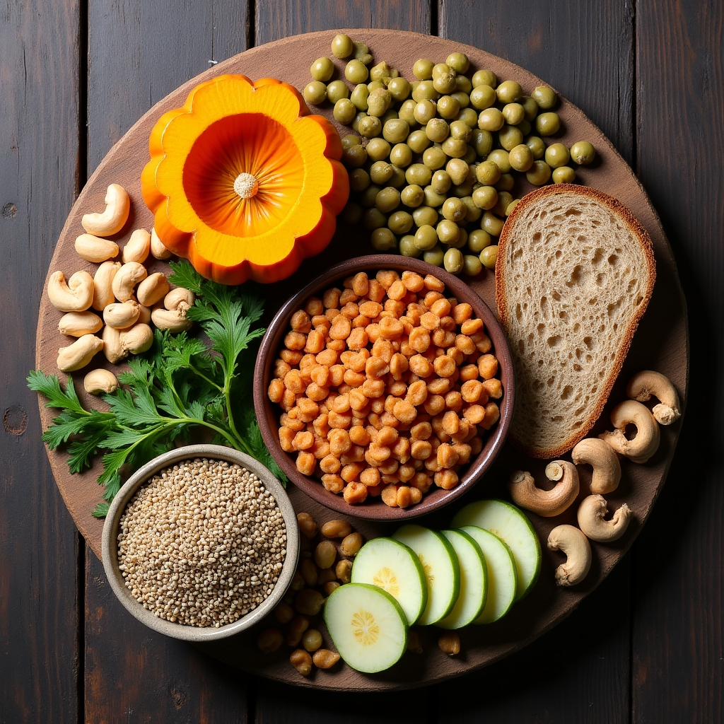 Assortment of zinc-rich foods including pumpkin seeds, legumes, and whole grains on dark wooden board